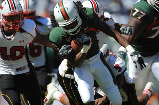 University of Miami Hurricanes wide receiver Travis Benjamin #3 plays in a game against the Maryland Terrapins at Sun Life Stadium on November 6,...