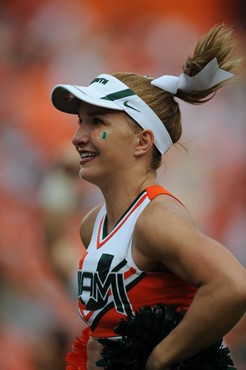 A University of Miami Hurricane cheerleader performs for fans in a game against the Deamon Deacons of Wake Forest at Dolphin Stadium on October 25,...