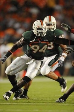 University of Miami Hurricanes defensive end Eric Moncur #94 plays in a game against the Florida A&M Rattlers at Land Shark Stadium on October 10,...