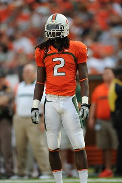 University of Miami Hurricanes wide receiver LaRon Byrd #2 catches a ball in a game against the Boston College Eagles at Sun Life Stadium on November...