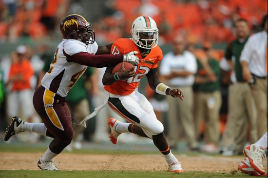 University of Miami Hurricanes quarterback Jacory Harris #12 plays in a game against the Bethune Cookman Wildcats at Sun Life Stadium on October 1,...