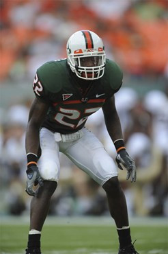 University of Miami Hurricanes defensive back Bruce Johnson #22 plays in a game against the Deamon Deacons of Wake Forest at Dolphin Stadium on...