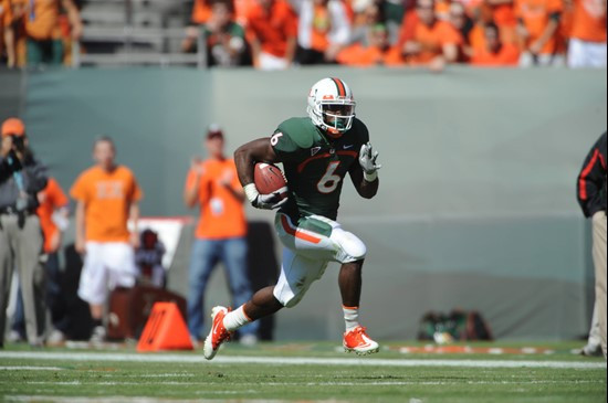 University of Miami Hurricanes running back Lamar Miller #6 carries the ball against the Maryland Terrapins at Sun Life Stadium on November 6, 2010. ...