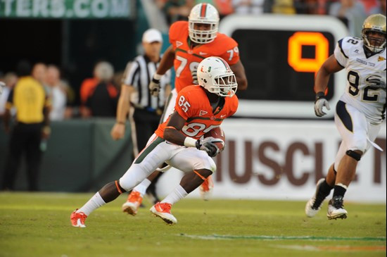 University of Miami Hurricanes wide receiver Phillip Dorsett #85 plays in a game against the Georgia Tech Yellow Jackets at Sun Life Stadium on...