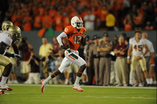 University of Miami Hurricanes quarterback Jacory Harris #12 plays in a game against the Florida State Seminoles at Sun Life Stadium on October 9,...