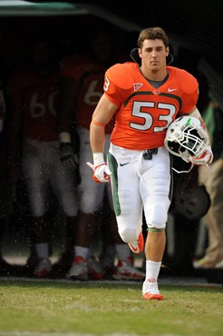 University of Miami Hurricanes linebacker Sean Goldstein #53 plays in a game against the Boston College Eagles at Sun Life Stadium on November 25,...