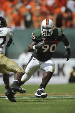 University of Miami Hurricanes defensive lineman Steven Wesley #90 rushes in a game against the Deamon Deacons of Wake Forest at Dolphin Stadium on...