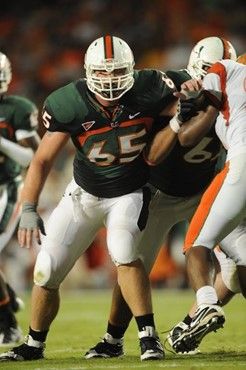 University of Miami Hurricanes offensive lineman Matt Pipho #65 plays in a game against the Florida A&M Rattlers at Land Shark Stadium on October 10,...
