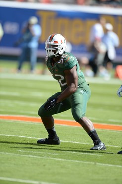 University of Miami Hurricanes linebacker Denzel Perryman #52 plays in a game against the North Carolina Tar Heels at Sun Life Stadium on November 1,...