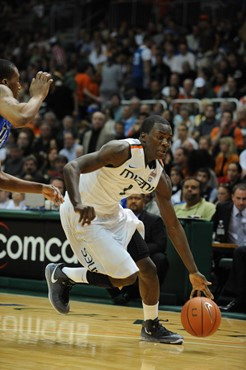 University of Miami Hurricanes guard, Durand Scott, #1, plays host to the Duke Blue Devils at the BankUnited Center on February 13, 2011.  Photo by...