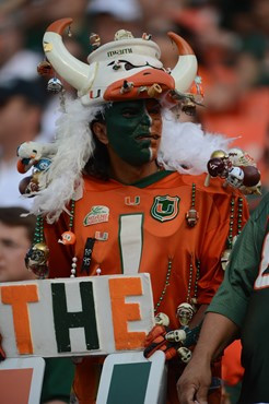 University of Miami Hurricane fans show their team spirit in a game against the University of South Florida Bulls at Sun Life Stadium on November 17,...