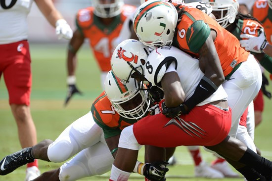 University of Miami Hurricanes safety Jamal Carter #6 plays in a game against the Cincinnati Bearcats at Sun Life Stadium on October 11, 2014.  Photo...