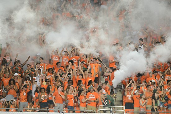 University of Miami Hurricane fans show their team spirit in a game against the Florida State Seminoles at Sun Life Stadium on November 15, 2014. ...