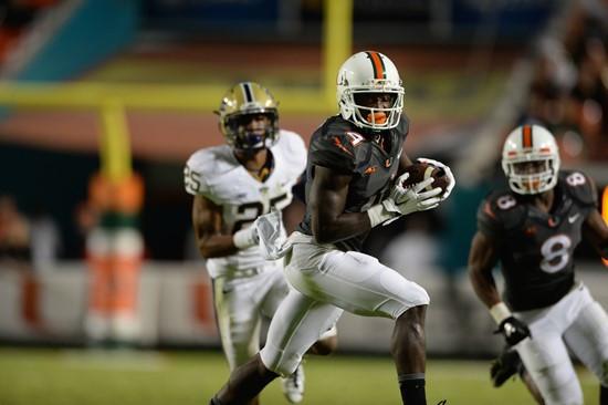 University of Miami Hurricanes wide receiver Phillip Dorsett #4 plays in a game against The Pittsburgh Panthers at Sun Life Stadium on November 29,...