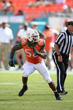 University of Miami Hurricanes linebacker Raphael Kirby #56 plays in a game against the Cincinnati Bearcats at Sun Life Stadium on October 11, 2014. ...