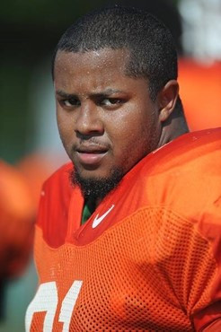 University of Miami Hurricanes running back David Thompson #91 at Greentree Practice Field on August 13 in afternoon drills to prepare for the...