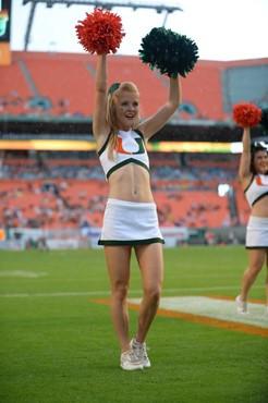 A University of Miami cheerleader shows her team spirit in a game against the Virginia Cavaliers at Sun Life Stadium on November 23, 2013.  Photo by...
