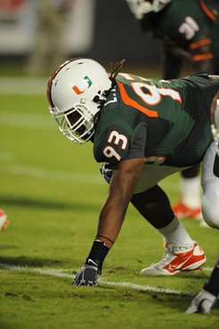 University of Miami Hurricanes defensive lineman Luther Robinson #93 plays in a game against the North Carolina Tar Heels at Sun Life Stadium on...