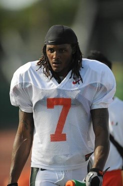 University of Miami Hurricanes players Telemaque Vaughn #7 at Greentree practice fields training for the upcoming 2010 season. The practice was open...