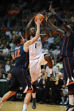 University of Miami Hurricanes guard, Durand Scott, #1 and the Canes play host to the Virginia Cavaliers at the BankUnited Center on February 5, 2011....