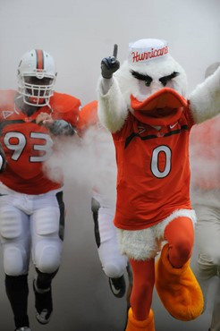University of Miami Hurricane Sebastian the Ibis in a game against the University of Central Florida Knights at Dolphin Stadium on October 11, 2008. ...