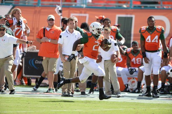 University of Miami Hurricanes running back Joseph Yearby #2 plays in a game against the Cincinnati Bearcats at Sun Life Stadium on October 11, 2014....