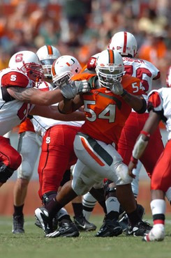 University of Miami defensive tackle McCray, Teraz #54 plays in a game against the North Carolina Sate Wolfpack at the Orange Bowl on November 3,...