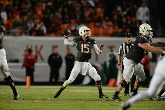 University of Miami Hurricanes quarterback Brad Kaaya #15 plays in a game against The Pittsburgh Panthers at Sun Life Stadium on November 29, 2014. ...