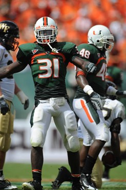University of Miami Hurricanes linebacker Sean Spence #31 plays in a game against the Deamon Deacons of Wake Forest at Dolphin Stadium on October 25,...