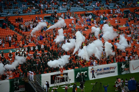 Sebastian the Ibis entertains the University of Miami Hurricane fans during a game against the Virginia Cavaliers at Sun Life Stadium on November 23,...