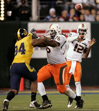 Jacory Harris throws down field as lineman Chris Rutledge blocks California defensive end Rulon Davis in the first half of the Emerald Bowl in San...