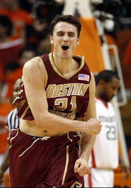 Boston College's Tyler Roche celebrates after a 79-75 win against Miami during an NCAA college basketball game in Coral Gables, Fla., Tuesday, Jan....