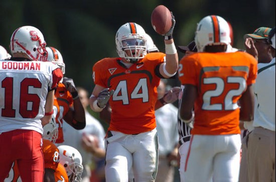 University of Miami linebacker Colin McCarthy #44 plays in a game against the North Carolina State Wolfpack at the Orange Bowl on November 3, 2007. ...