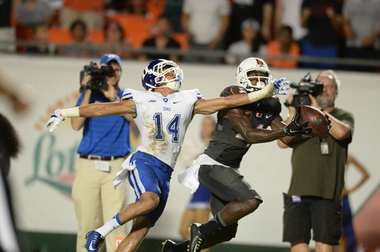 University of Miami Hurricanes wide receiver Phillip Dorsett #4 plays in a game against the Duke Blue Devils at Sun Life Stadium on September 27,...