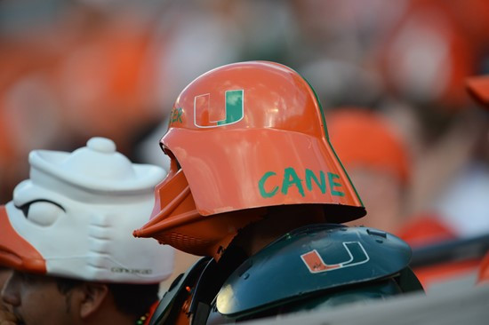 University of Miami Hurricane fans show their team spirit in a game against the University of South Florida Bulls at Sun Life Stadium on November 17,...
