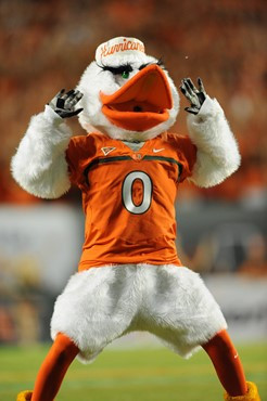 Sebastian the Ibis cheering on fans at Sun Life Stadium on September 17, 2011. Photo by Steven Murphy