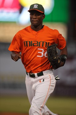 University of Miami outfielder Dale Carey #36 playes in a game against Illinois State at Alex Rodriguez Park on March 8, 2011.  Photos by Steven...