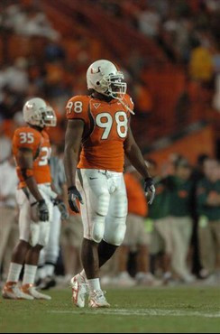 Univesrity of Miami defensive end Baraka Atkins #98 catches his breath during a game against the Virginia Tech Hoakies on November 4, 2006 at the...