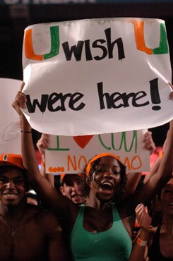 A University of Miami Hurricanes fan shows her team spirit in a game against the Virginia Tech Hokies at Dolphin Stadium on November 13, 2008. Photo...