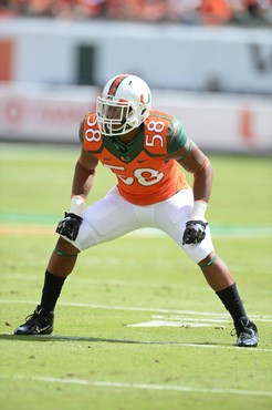 University of Miami Hurricanes linebacker Damion Owens #58 plays in a game against the Cincinnati Bearcats at Sun Life Stadium on October 11, 2014. ...