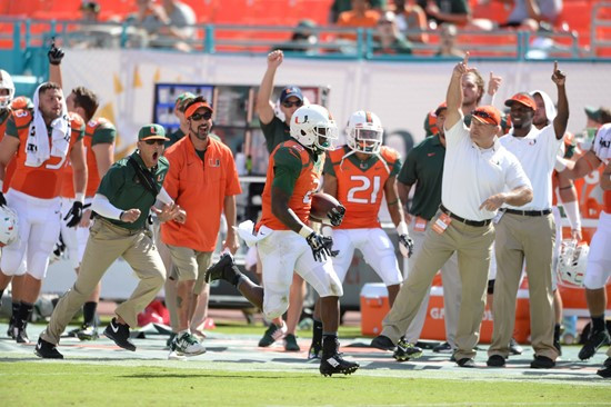 University of Miami Hurricanes running back Joseph Yearby #2 plays in a game against the Cincinnati Bearcats at Sun Life Stadium on October 11, 2014....