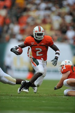 University of Miami Hurricanes running back Graig Cooper #2 carried the ball 23 times for 90 yards and caught 3 passes for 9 yards in a game against...