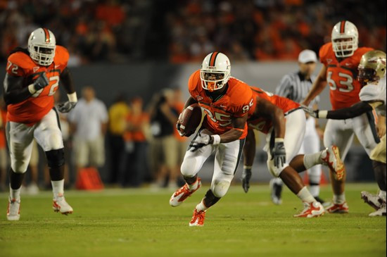University of Miami Hurricanes wide receiver Leonard Hankerson #85 catches a pass from quarterback Jacory Harris #12 in a game against the Florida...