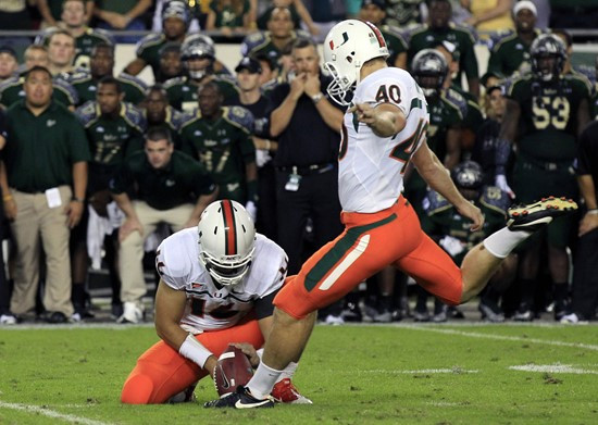 Jake Wieclaw prepares to kick the game-winning 36-yard field goal as time expires. (AP Photo/Chris O'Meara)