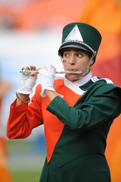 The University of Miami Band of the Hour entertains the crowd at Dolphin Stadium during half-time.