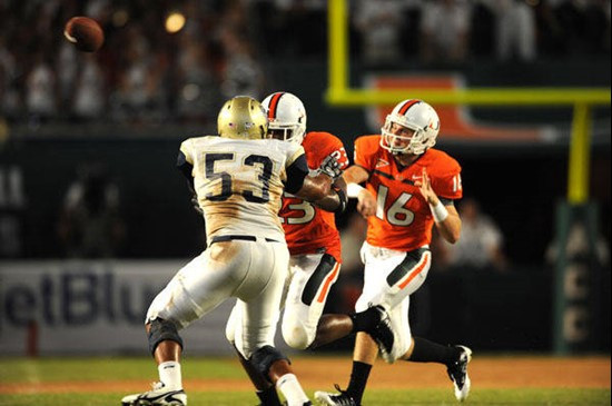 University of Miami Hurricanes quarterback, Cannon Smith #16, plays in a game against Charleston Southern University in the Canes inaugural game at...