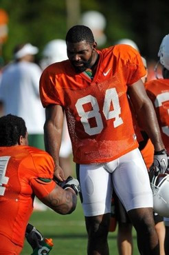 University of Miami Hurricanes players Richard Gordon #84 at Cobb Stadium training for the upcoming 2010 season. The practice was open for Season...