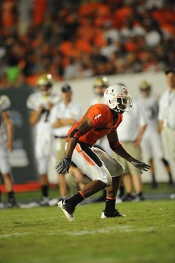 University of Miami Hurricanes defensive back Brandon Harris #1 drops into coverage in a game against the Georgia Tech Yellow Jackets at Land Shark...