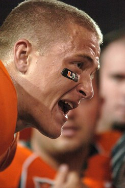 University of Miami Hurricanes quarterback Kyle Wright #3 talks to teammates after an Orange Bowl Brawl between the two teams after a Jon Peattie...