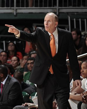 CORAL GABLES, FL - NOVEMBER 11: Head coach Jim Larranaga of the Miami Hurricanes reacts to second half action against of the Tennessee Tech Golden...